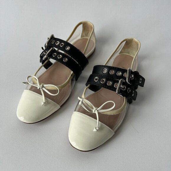 MIU MIU WHITE PVC LEATHER BUCKLE DETAIL BALLET FLATS SIZE 38.5 - Picture 1 of 10